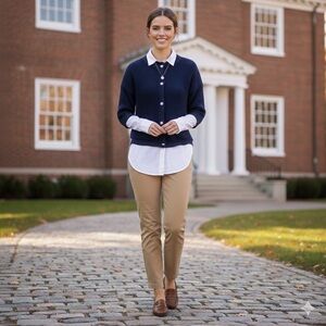 Heritage Chic Classic Navy Blue Cable Knit Cropped Sweater S/M Pearl Buttons